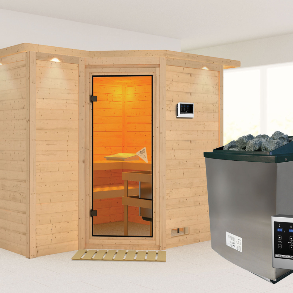 Karibu Sauna Sahib 2, 9 kW cmd ext. Easy Finnisch, avec costière de toiture,bronzé,Porte tout verre