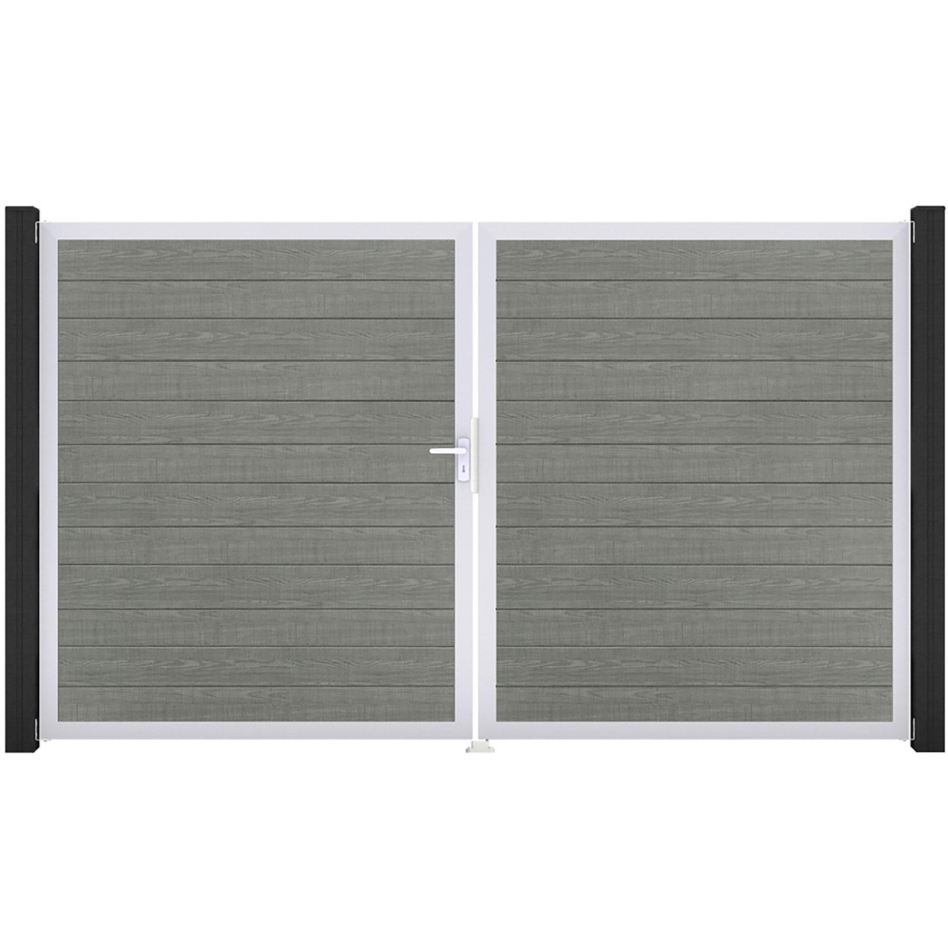 GroJa Doppeltor BasicLine schmal PVC-Steckzaun Grey Ash Cut , DIN Links, Silber EV1