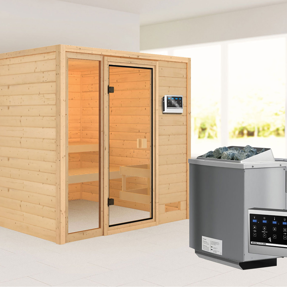 Sauna Karibu Woodfeeling Jutta, 9 kW cmd ext. Easy Bio, sans corniche