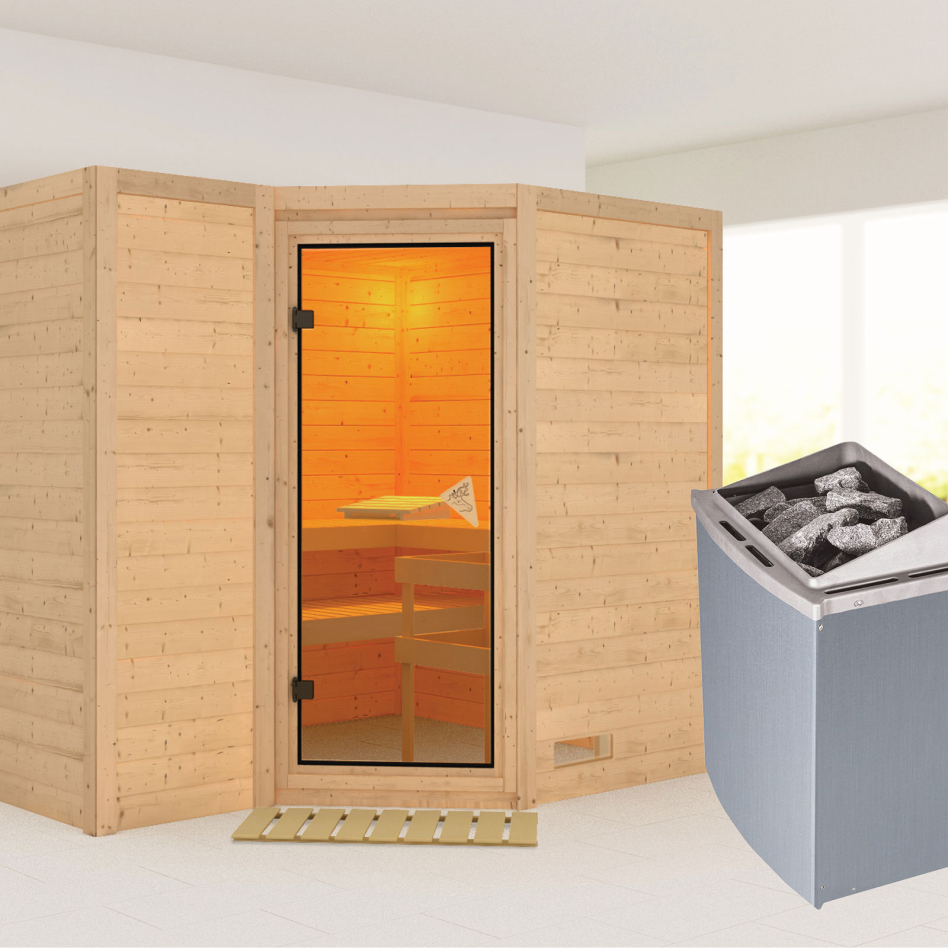 Karibu Sauna Sahib 2, 9 kW cmd intégrée, bronzé,Porte tout verre,sans corniche