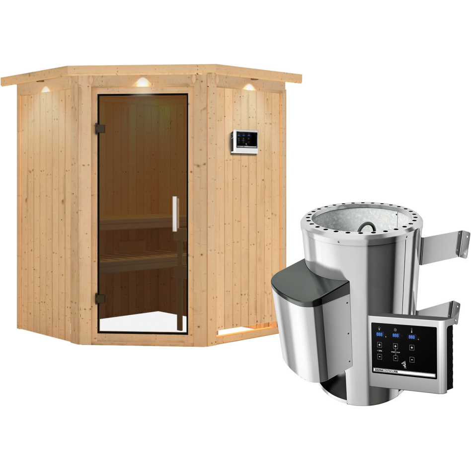 Karibu Sauna Nanja, Easy Finnisch 3,6 kW Ofen, avec costière de toiture,graphit,Porte tout verre