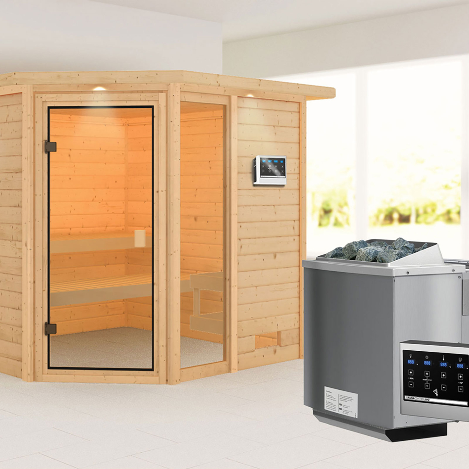 Sauna Karibu Woodfeeling Tabea, 9 kW cmd ext. Easy Bio, avec costière de toiture