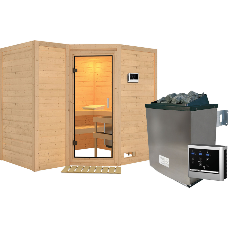 Karibu Sauna Sahib 2, 9 kW cmd ext. Easy Finnisch, Porte tout verre,sans corniche,vitrage claire