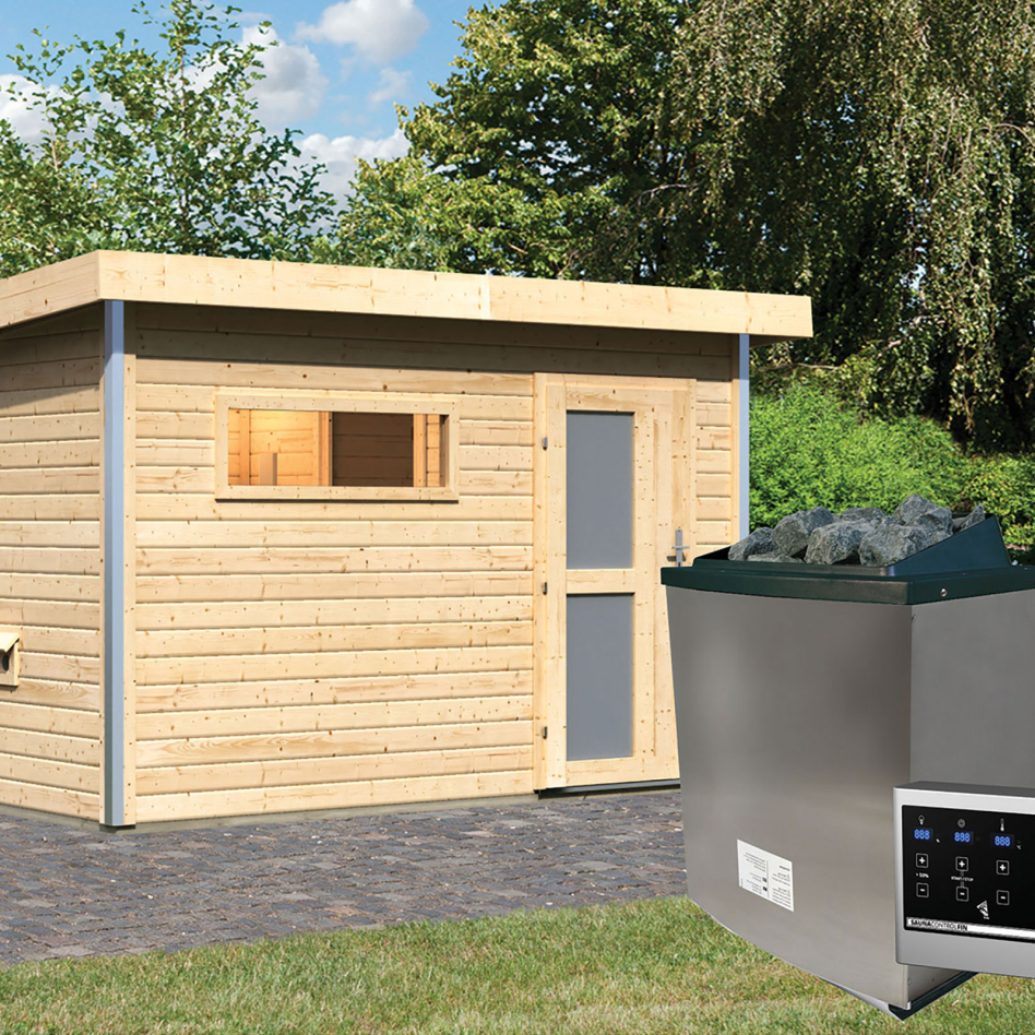 Karibu maison de sauna Skrollan 1 naturel (non traité), 9 kW cmd ext. Easy Finnisch, vitrage opaque