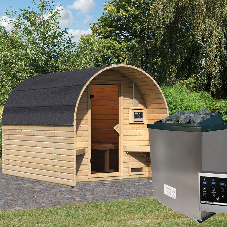 Maison sauna tonneau Karibu 2 naturelle, 9 kW cmd ext. Easy Finnisch