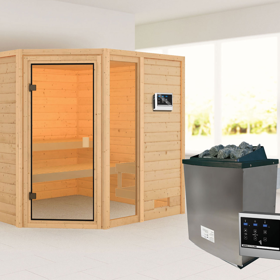 Sauna Karibu Woodfeeling Tabea, 9 kW cmd ext. Easy Finnisch, sans corniche