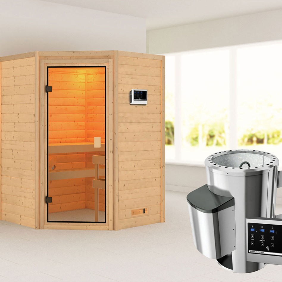 Sauna Karibu Woodfeeling Antonia, Easy Finnisch 3,6 kW Ofen, sans corniche