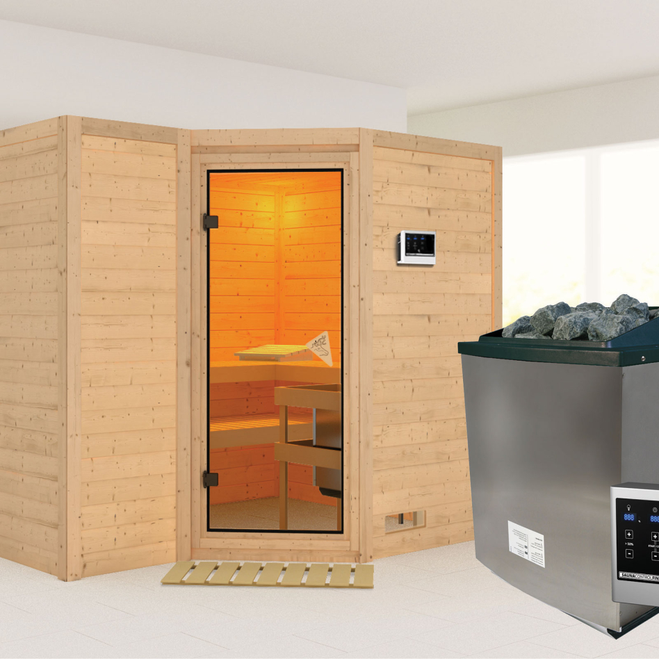 Karibu Sauna Sahib 2, 9 kW cmd ext. Easy Finnisch, bronzé,Porte tout verre,sans corniche