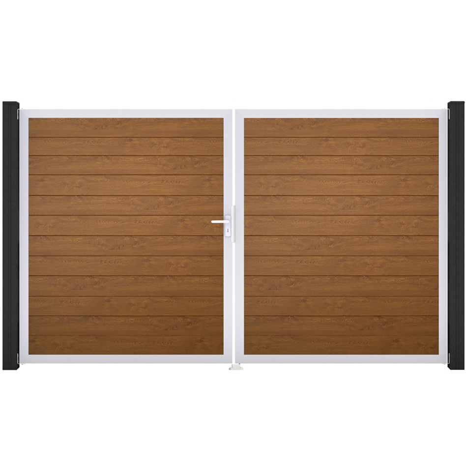 GroJa Doppeltor BasicLine schmal PVC-Steckzaun Golden Oak , DIN Links, Silber EV1