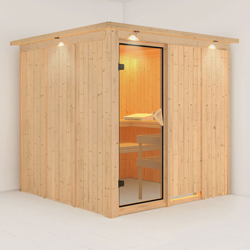 Karibu Sauna Rodin, sans poêle, avec costière de toiture,bronzé,Porte tout verre