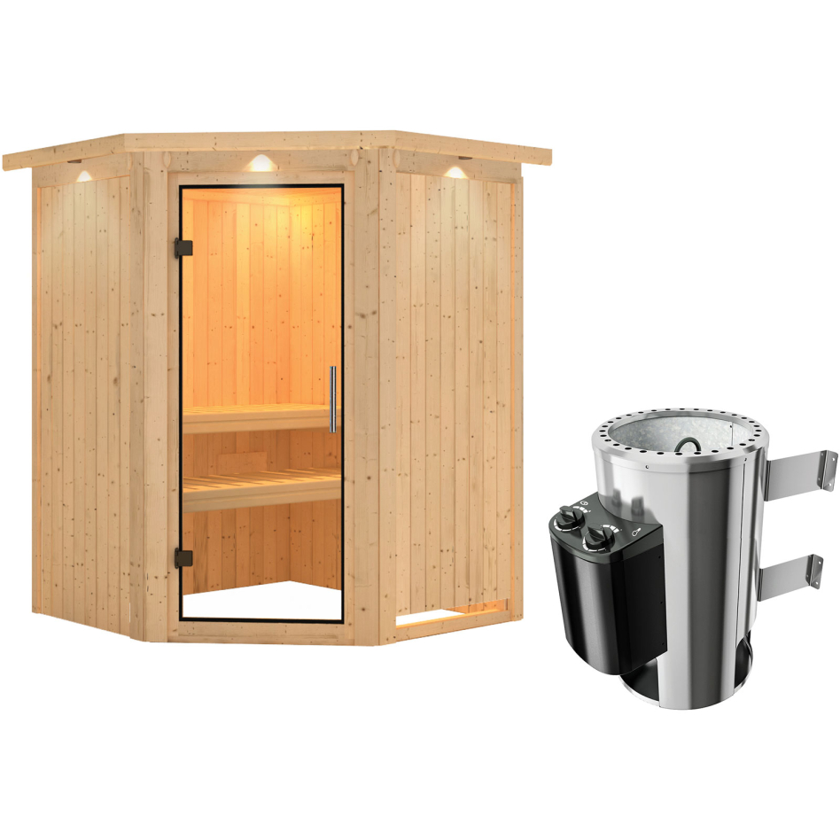 Karibu Sauna Nanja, 3,6 kW Ofen, Plug&Play int. Steuerung, avec costière de toiture,Porte tout verre,vitrage claire
