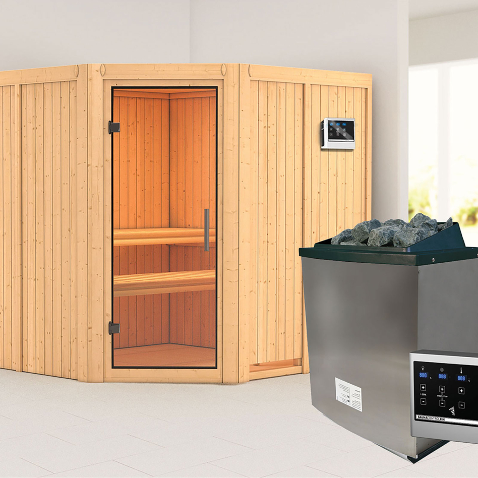 Karibu Sauna Jarin, 9 kW cmd ext. Easy Finnisch, Porte tout verre,sans corniche,vitrage claire
