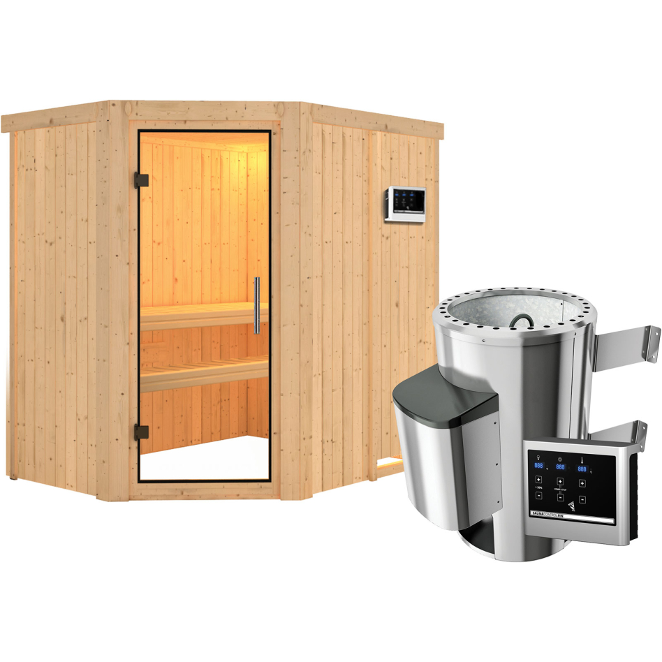 Sauna Karibu Saja, Easy Finnisch 3,6 kW Ofen, Porte tout verre,sans corniche,vitrage claire