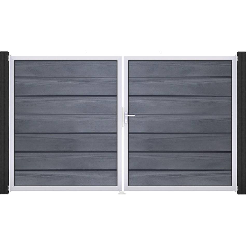 Portail double GroJa Solid Grande Premium à lames emboîtables gris pierre co-extrudé, DIN gauche, argent EV1