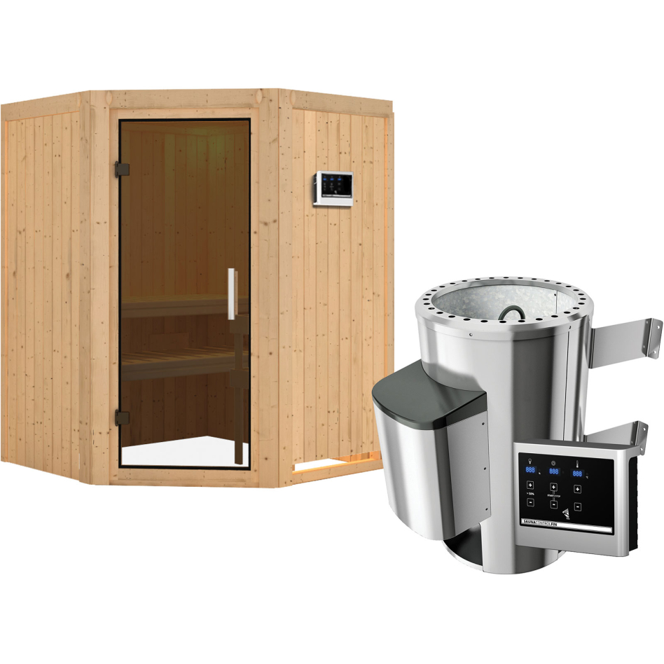 Karibu Sauna Nanja, Easy Finnisch 3,6 kW Ofen, graphit,Porte tout verre,sans corniche