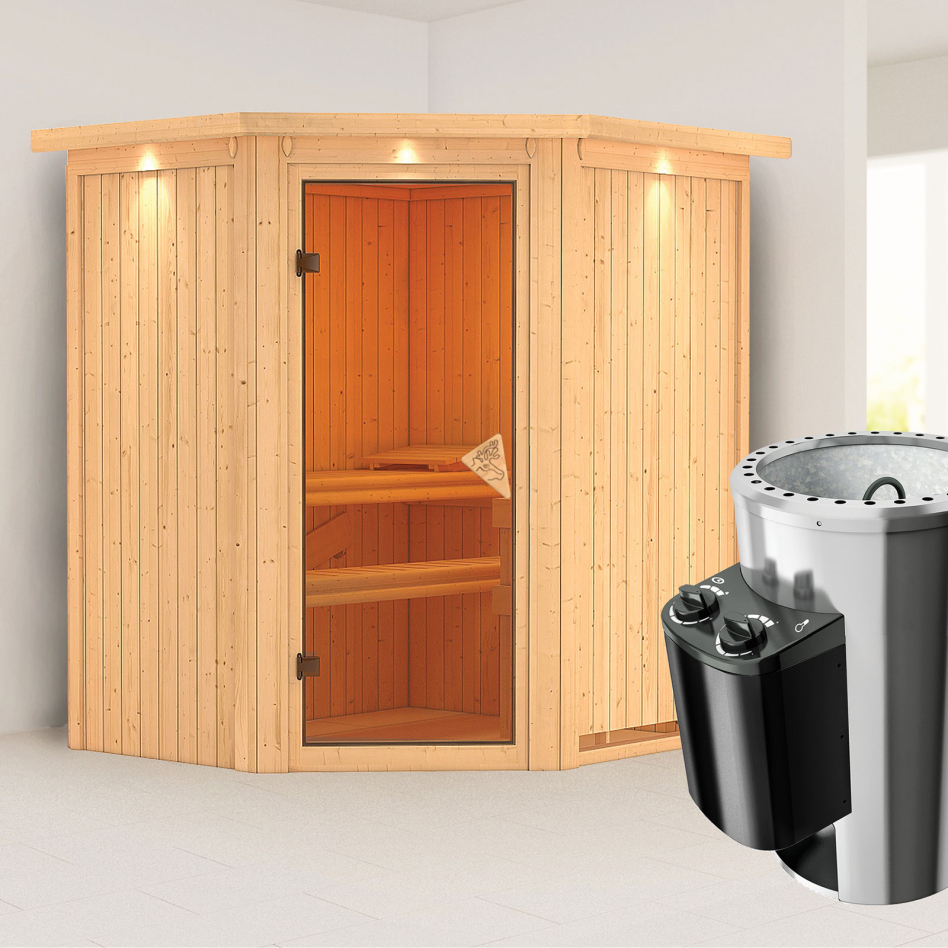 Karibu Sauna Tonja, 3,6 kW Ofen, Plug&Play int. Steuerung, avec costière de toiture,bronzé,Porte tout verre