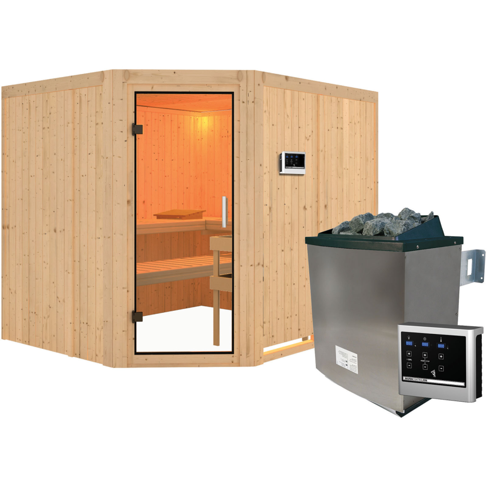 Karibu Sauna Malin, 9 kW cmd ext. Easy Finnisch, Porte tout verre,sans corniche,vitrage claire