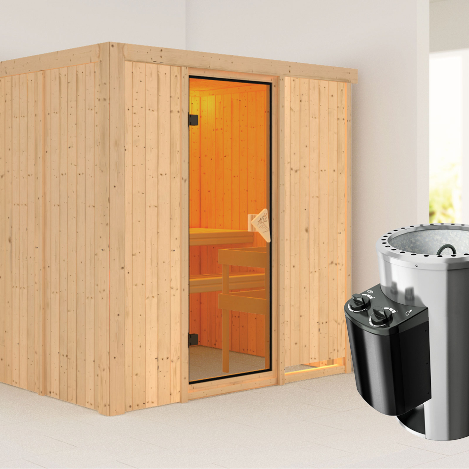 Karibu Sauna Fanja, 3,6 kW Ofen, Plug&Play int. Steuerung, bronzé,Porte tout verre,sans corniche