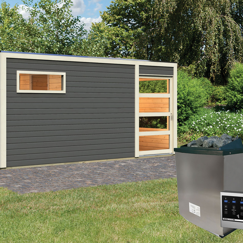 Maison de sauna en bois Karibu Hygge gris terre, 9 kW cmd ext. Easy Finnisch