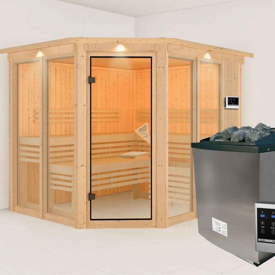 Sauna Karibu Ainur, 9 kW cmd ext. Easy Finnisch, avec costière de toiture