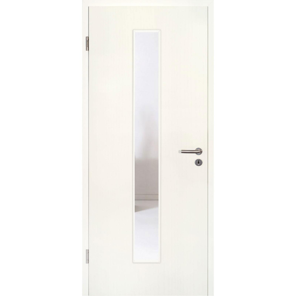 Kilsgaard Zimmertür mit Lichtausschnitt/Glas schmal mittig Esche weiß Lamikor Typ 43/LA05 Rundkante, DIN Links, 735x1985 mm,Klarglas (ESG)