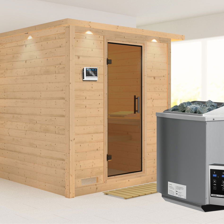 Karibu Sauna Mojave, 9 kW cmd ext. Easy Bio, avec costière de toiture,graphit,Porte tout verre