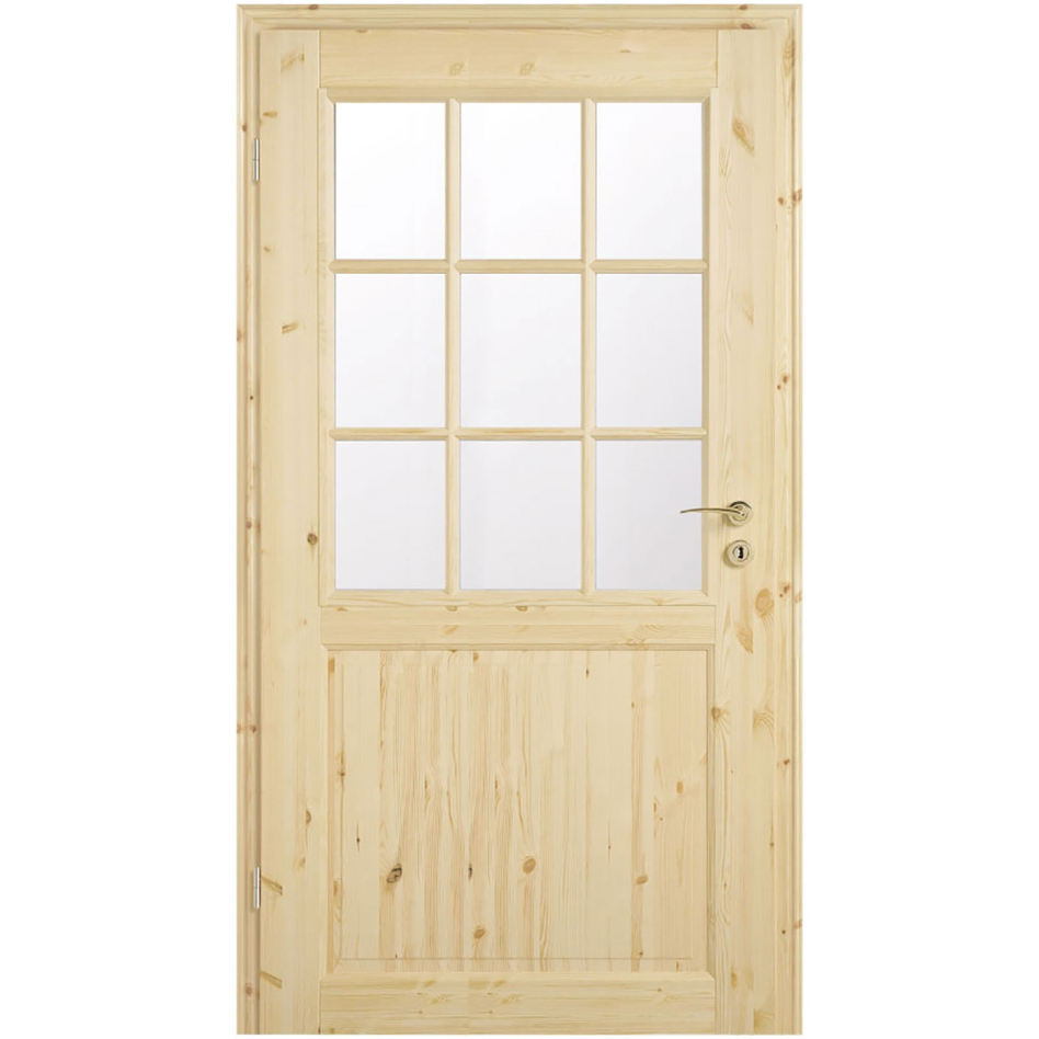 Kilsgaard Zimmertür Holz mit Glas Typ 02/SP6 - SP9 Kiefer unbehandelt, DIN Links, 985x2110 mm,ESG Klarglas (9 Sprossen)