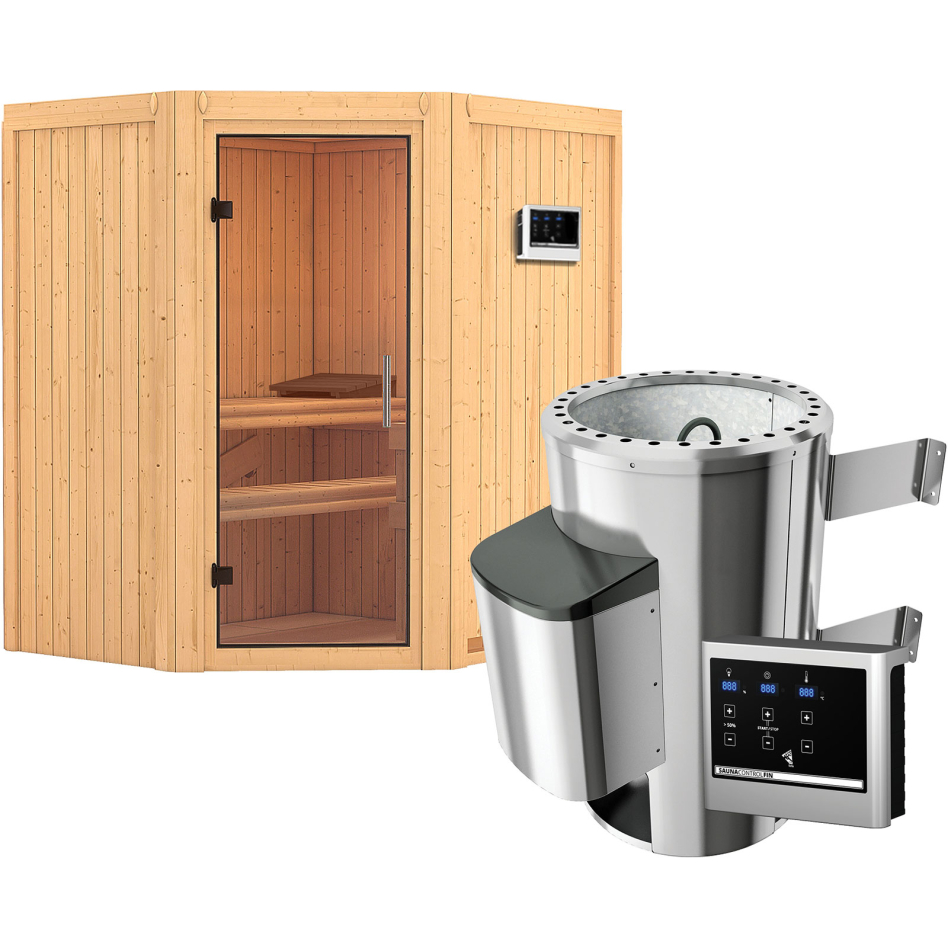Karibu Sauna Tonja, Easy Finnisch 3,6 kW Ofen, Porte tout verre,sans corniche,vitrage claire