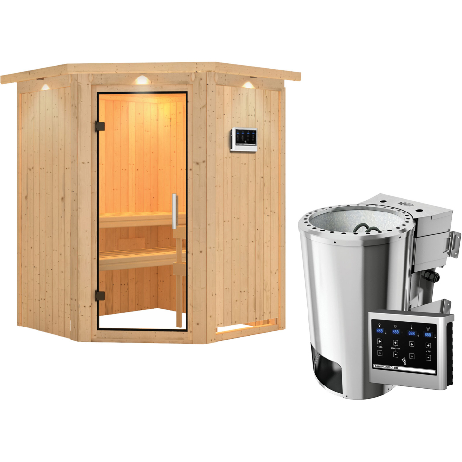 Karibu Sauna Nanja, Easy Bio 3,6 kW Ofen, avec costière de toiture,Porte tout verre,vitrage claire
