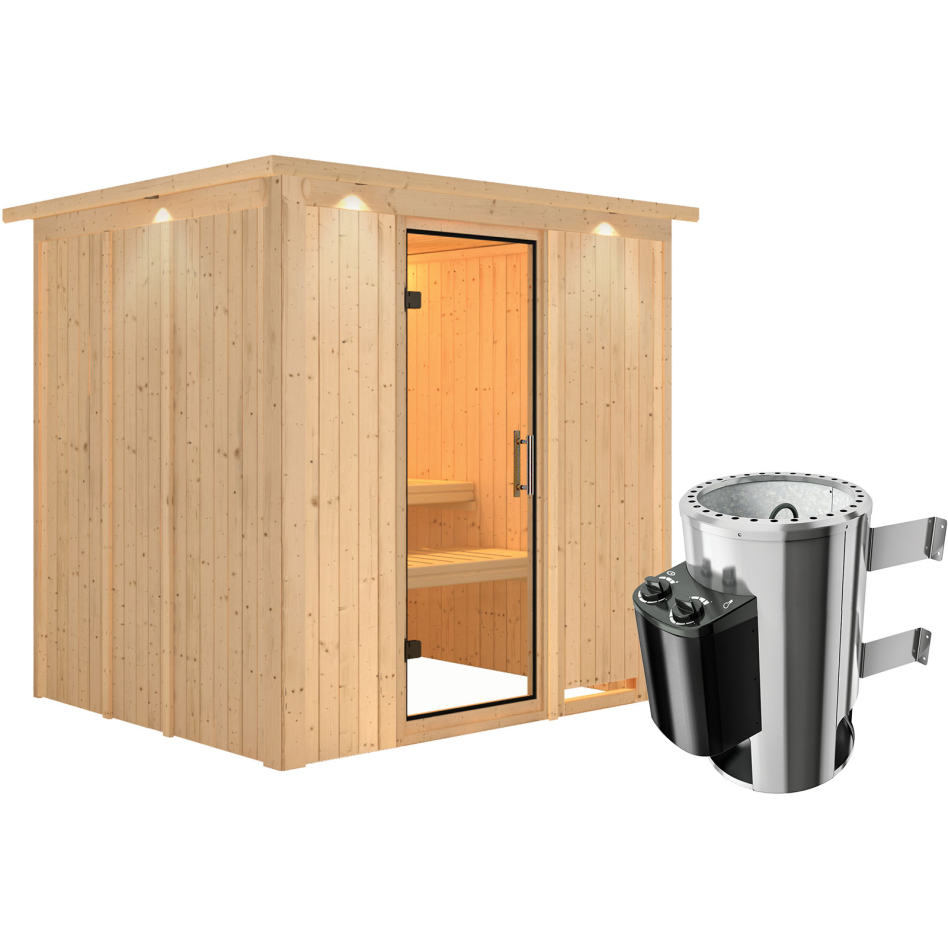 Sauna Karibu Daria, 3,6 kW Ofen, Plug&Play int. Steuerung, avec costière de toiture,Porte tout verre,vitrage claire
