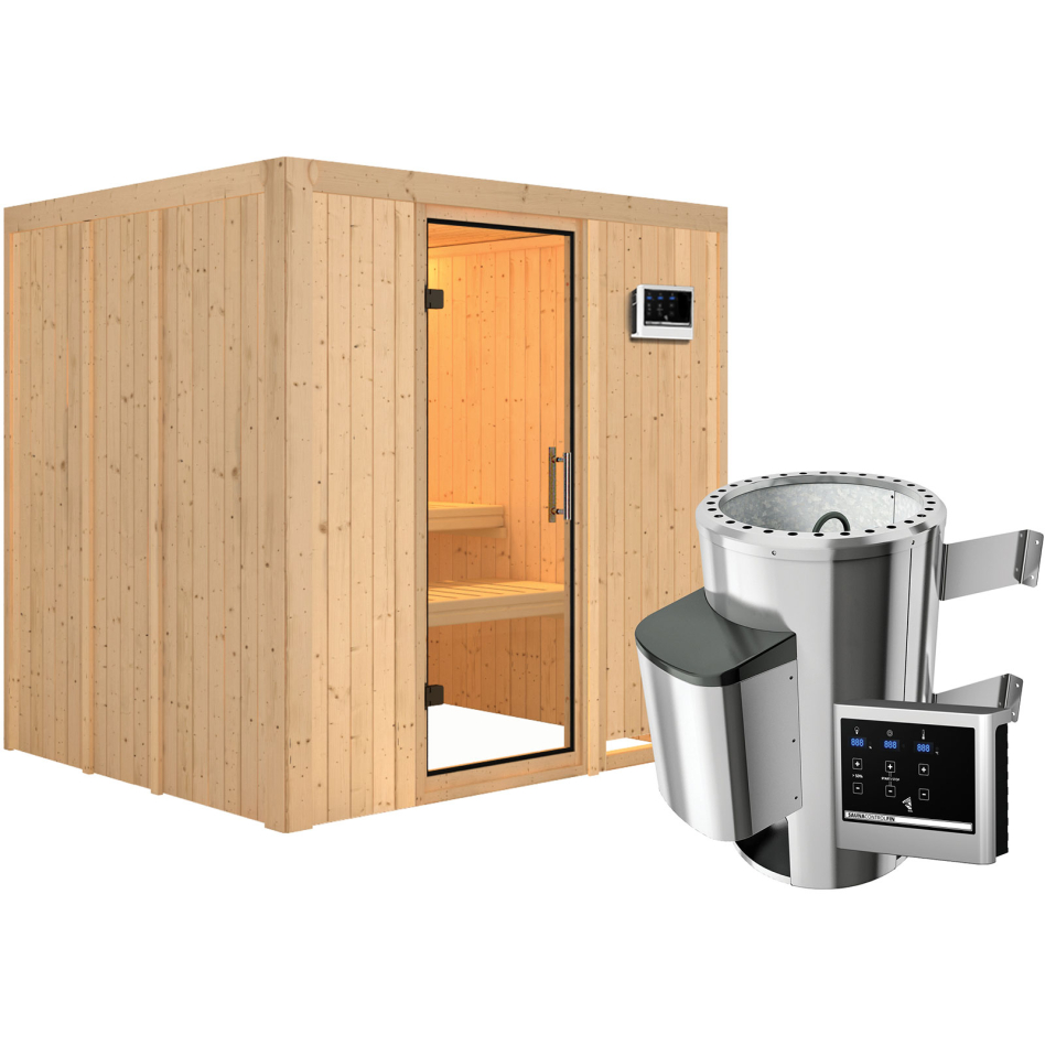 Sauna Karibu Daria, Easy Finnisch 3,6 kW Ofen, Porte tout verre,sans corniche,vitrage claire