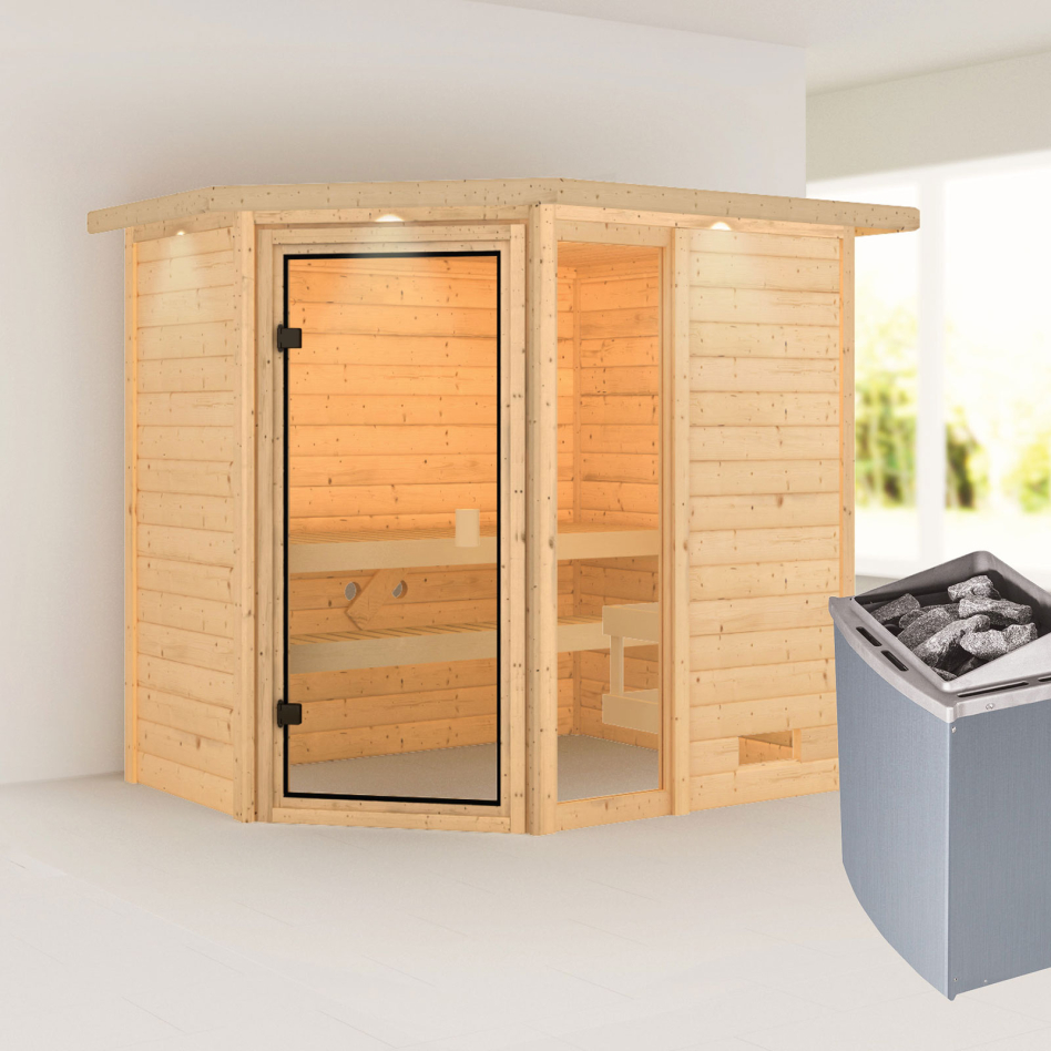 Sauna Karibu Woodfeeling Jada, 9 kW cmd intégrée, avec costière de toiture
