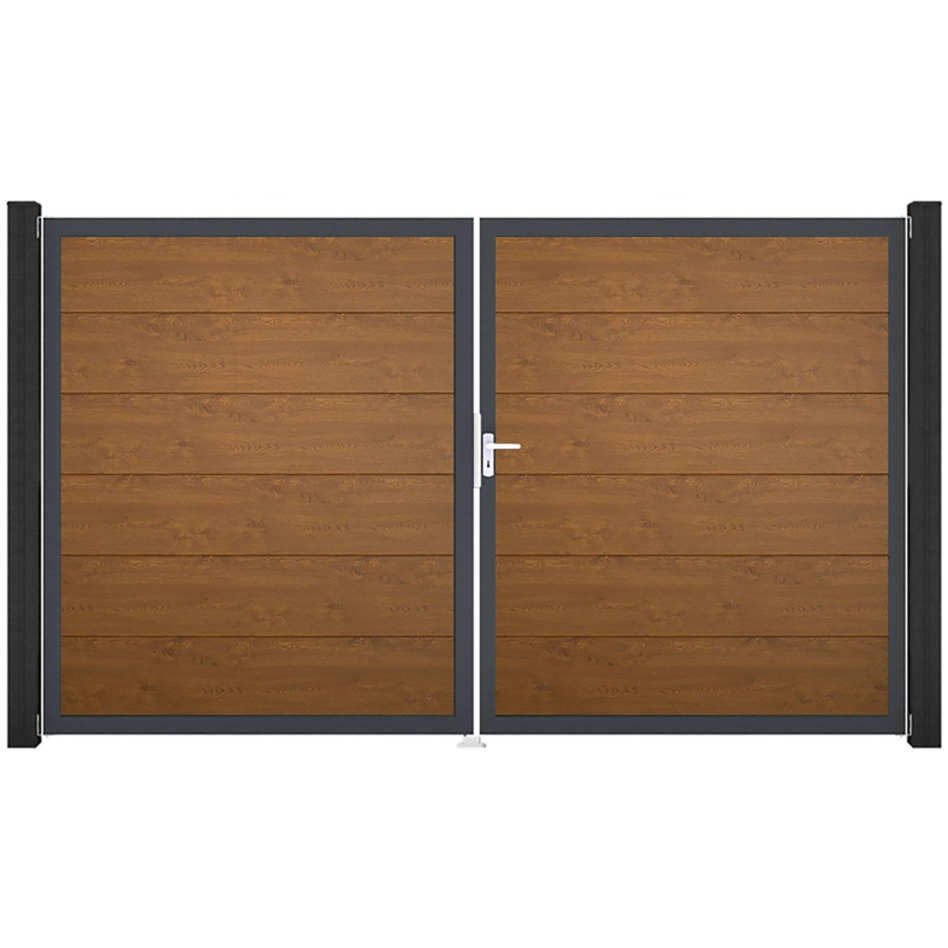 GroJa Doppeltor BasicLine PVC-Steckzaun Golden Oak , DIN Rechts, Anthrazit DB 703