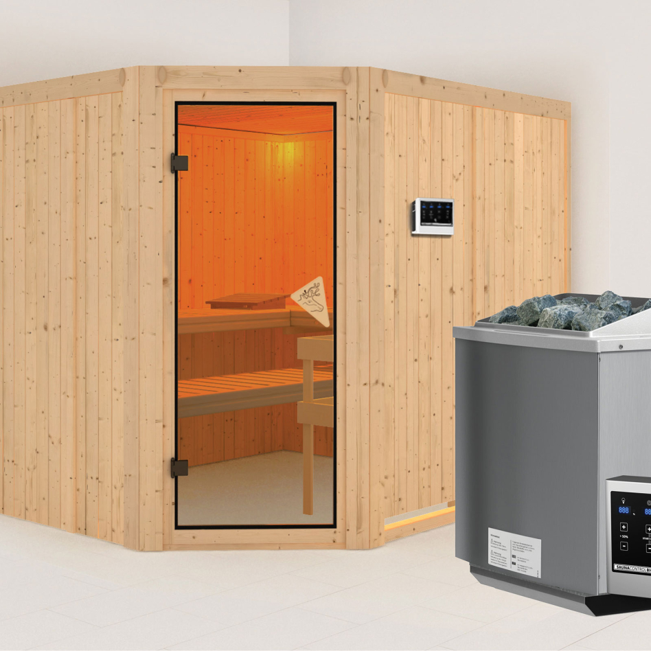 Karibu Sauna Malin, 9 kW cmd ext. Easy Bio, bronzé,Porte tout verre,sans corniche