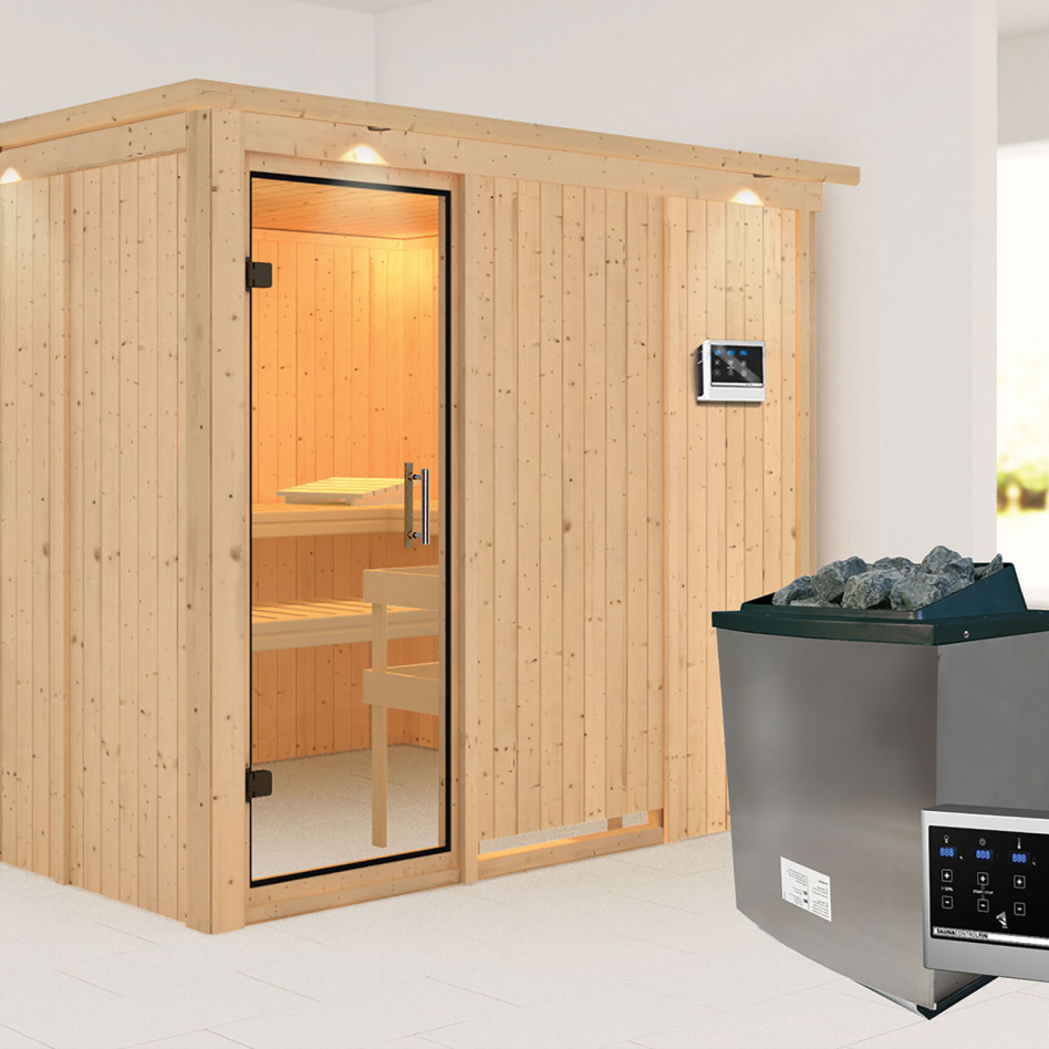 Karibu Sauna Gobin, 9 kW cmd ext. Easy Finnisch, avec costière de toiture,Porte tout verre,vitrage claire
