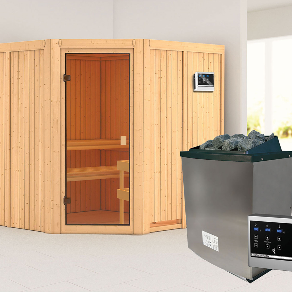 Sauna Karibu Woodfeeling Kotka, 9 kW cmd ext. Easy Finnisch