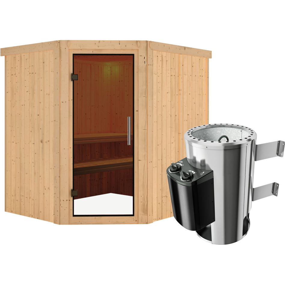 Sauna Karibu Lilja, 3,6 kW Ofen, Plug&Play int. Steuerung, graphit,Porte tout verre,sans corniche