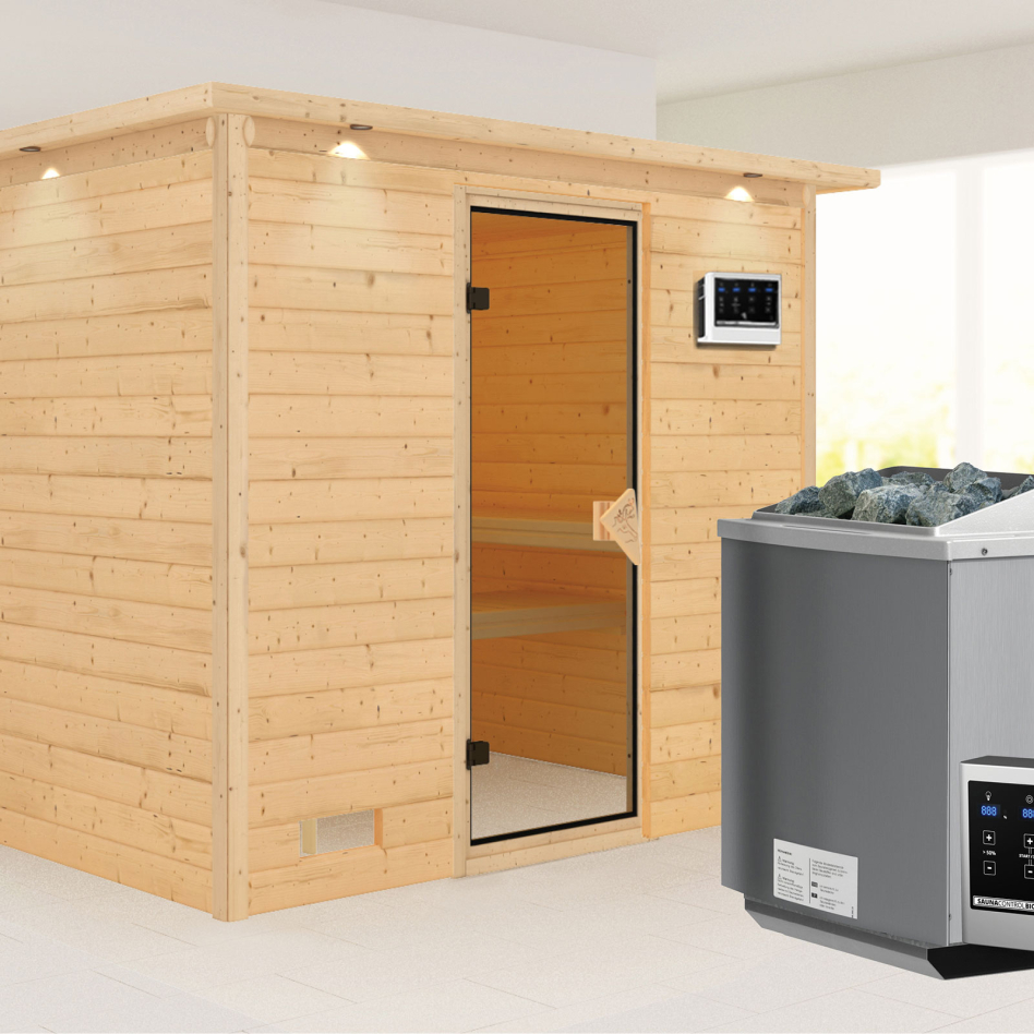 Karibu Sauna Sonara, 9 kW cmd ext. Easy Bio, avec costière de toiture,bronzé,Porte tout verre