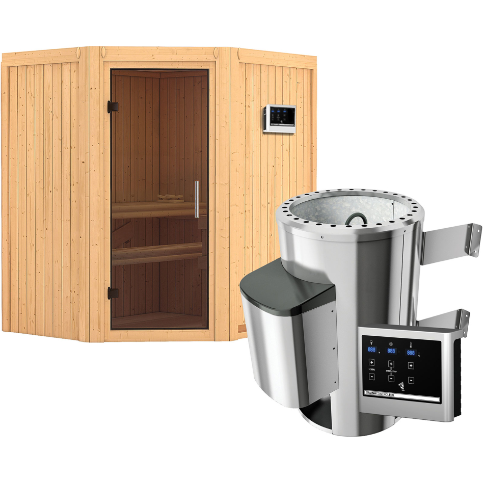Karibu Sauna Tonja, Easy Finnisch 3,6 kW Ofen, graphit,Porte tout verre,sans corniche
