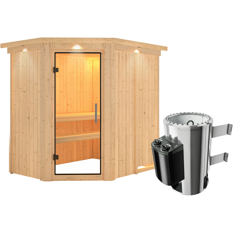 Sauna Karibu Saja, 3,6 kW Ofen, Plug&Play int. Steuerung, avec costière de toiture,Porte tout verre,vitrage claire