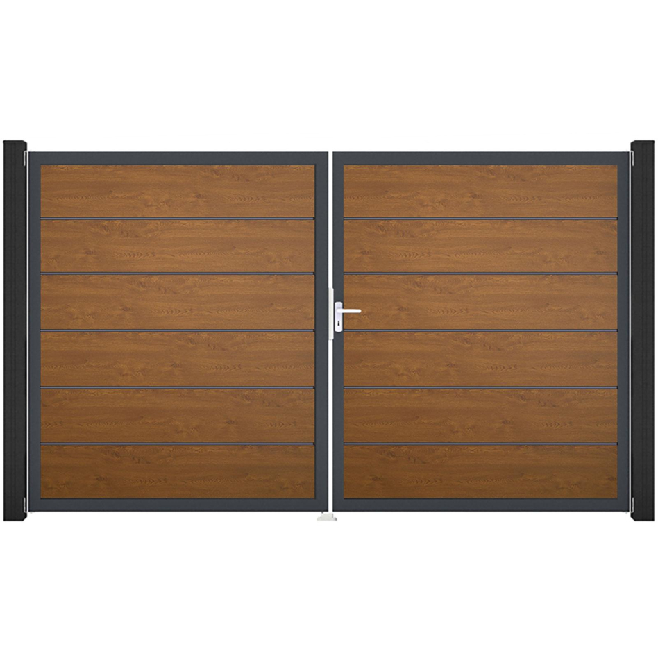 GroJa Doppeltor BasicLine Premium PVC-Steckzaun Golden Oak , DIN Rechts, Anthrazit DB 703