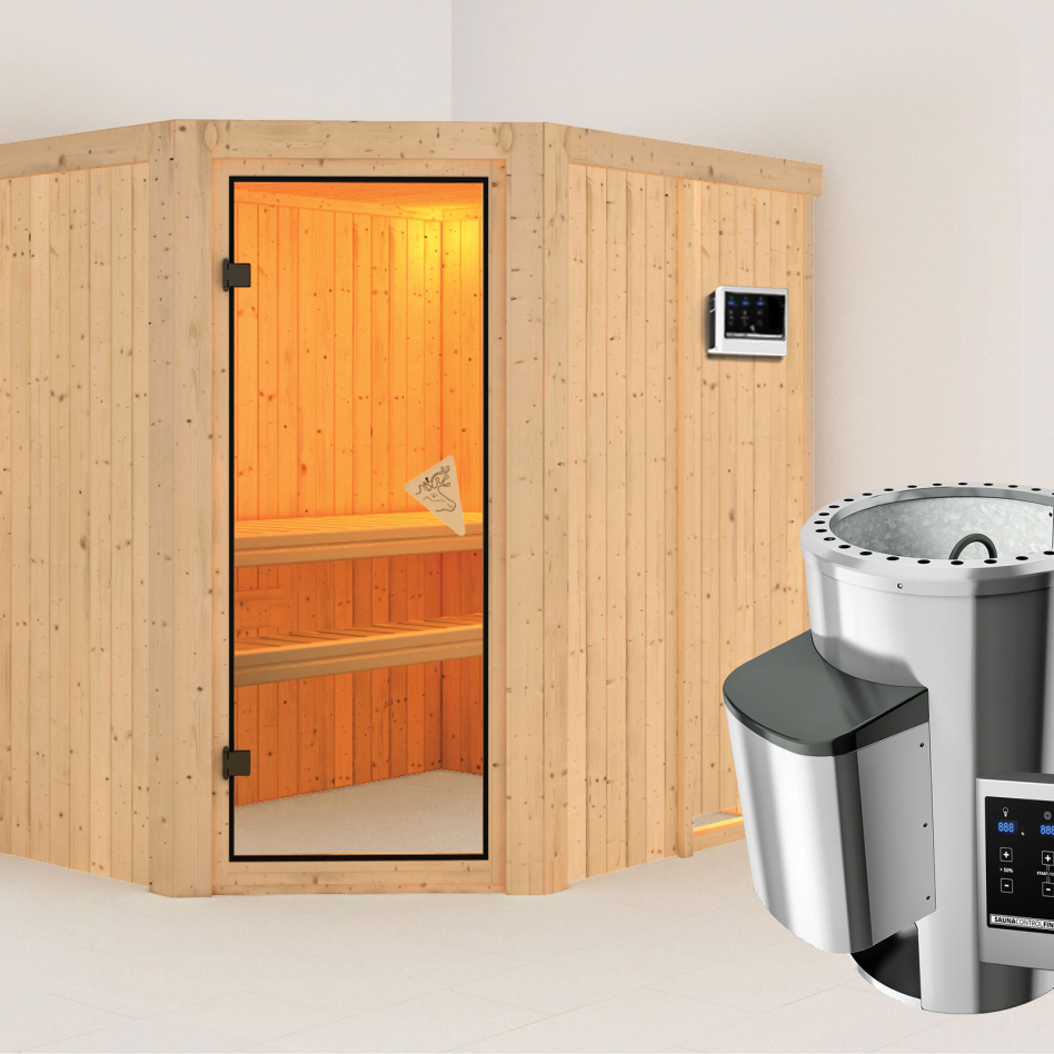 Sauna Karibu Saja, Easy Finnisch 3,6 kW Ofen, bronzé,Porte tout verre,sans corniche