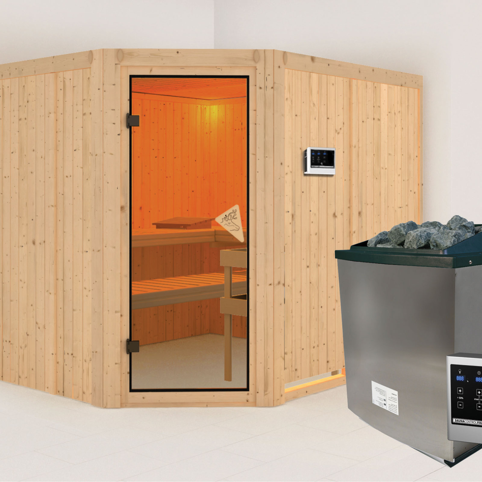 Karibu Sauna Malin, 9 kW cmd ext. Easy Finnisch, bronzé,Porte tout verre,sans corniche