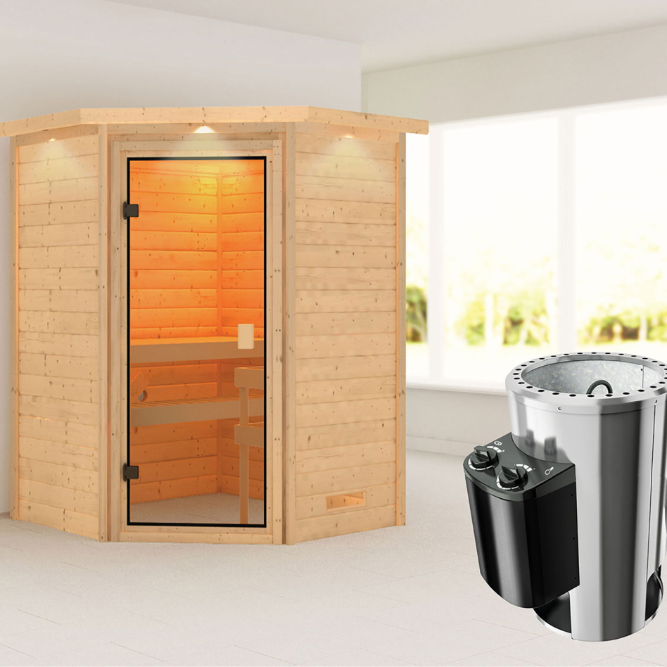 Sauna Karibu Woodfeeling Antonia, 3,6 kW Ofen, Plug&Play int. Steuerung, avec costière de toiture