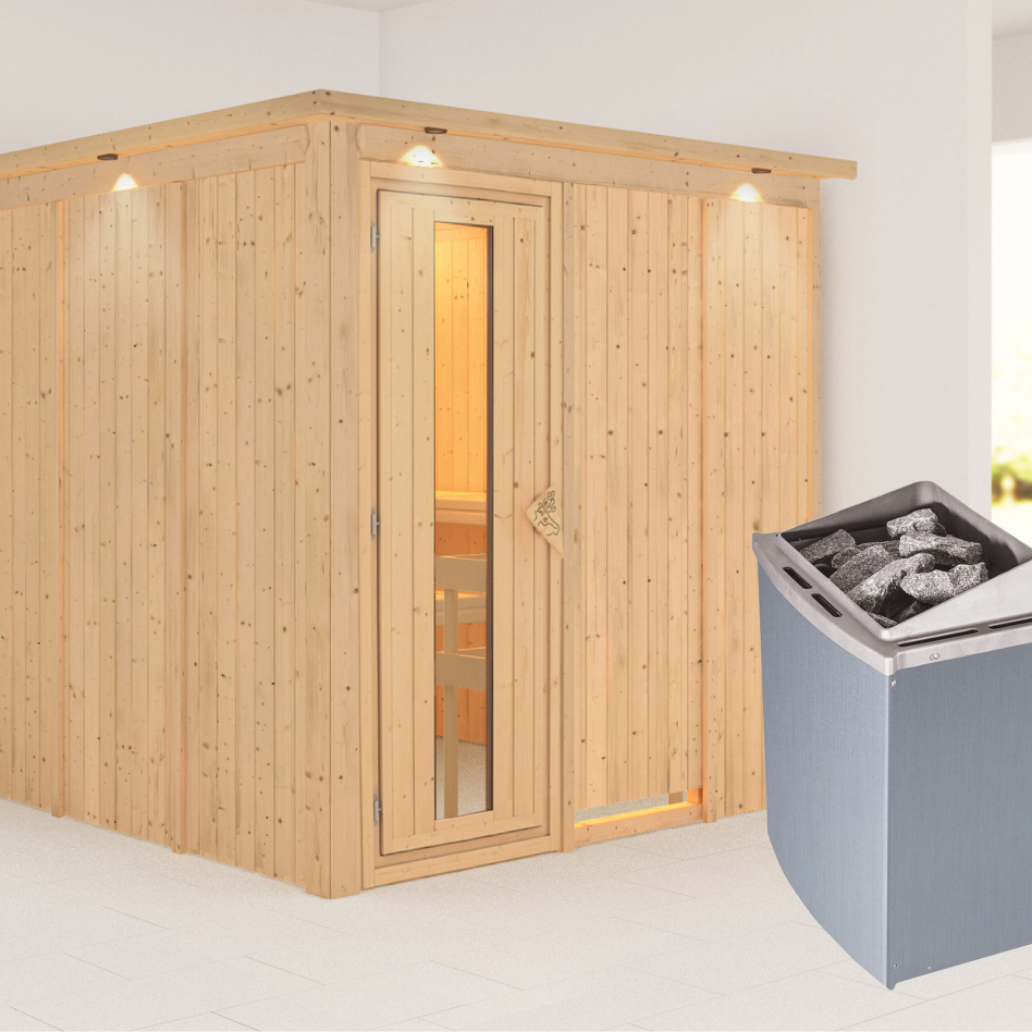 Karibu Sauna Rodin, 9 kW cmd intégrée, avec costière de toiture,Porte en bois avec vitrage isolant,vitrage claire