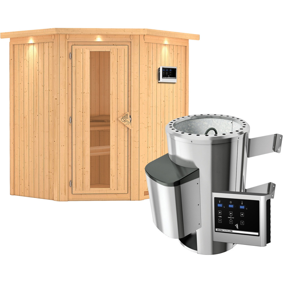 Karibu Sauna Tonja, Easy Finnisch 3,6 kW Ofen, avec costière de toiture,Porte en bois avec vitrage isolant,vitrage claire