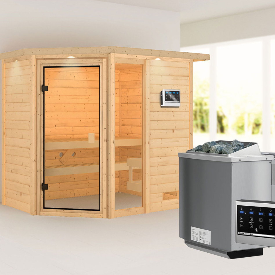 Sauna Karibu Woodfeeling Jada, 9 kW cmd ext. Easy Bio, avec costière de toiture