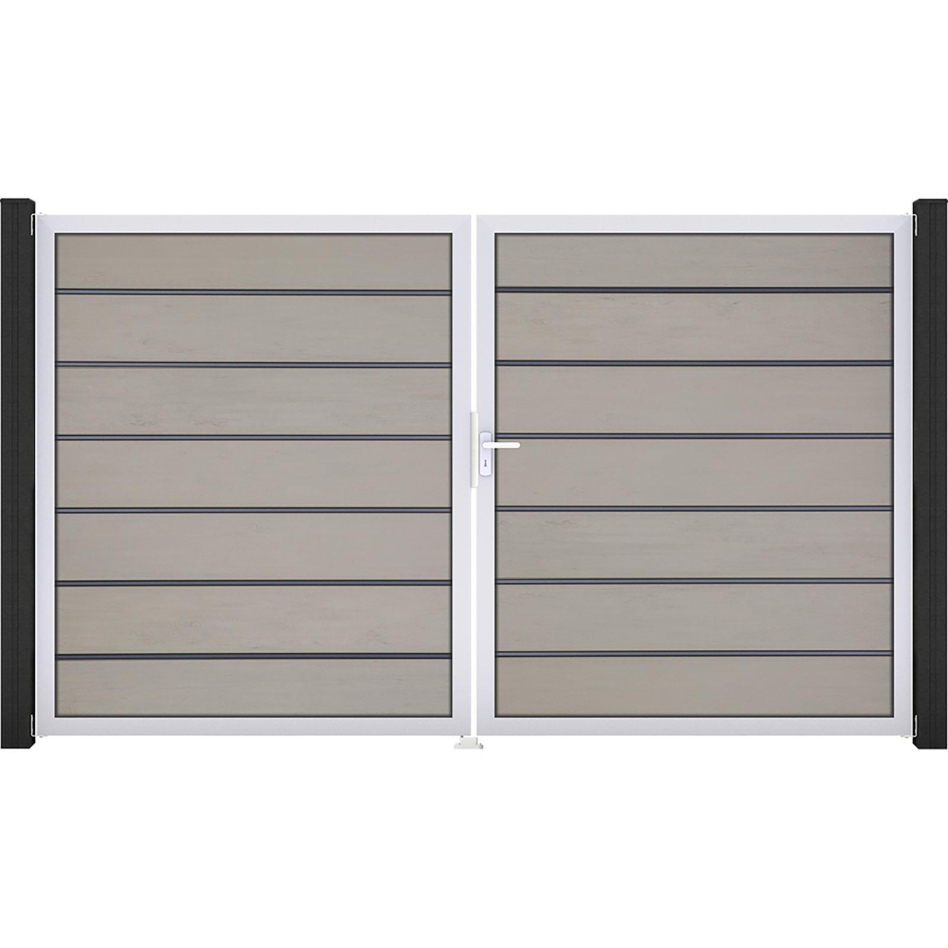 Portail double GroJa Solid Grande Premium à lames emboîtables bi-color sand, DIN droite, argent EV1