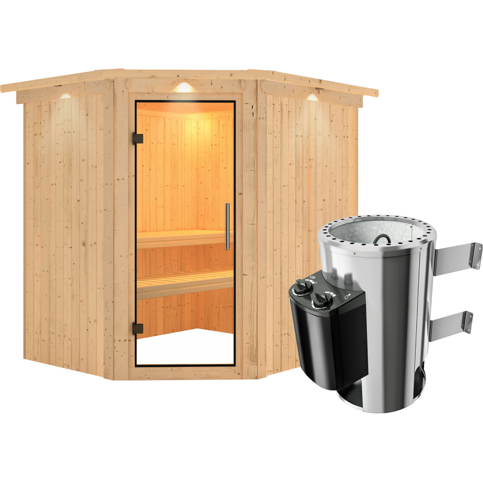 Sauna Karibu Lilja, 3,6 kW Ofen, Plug&Play int. Steuerung, avec costière de toiture,Porte tout verre,vitrage claire