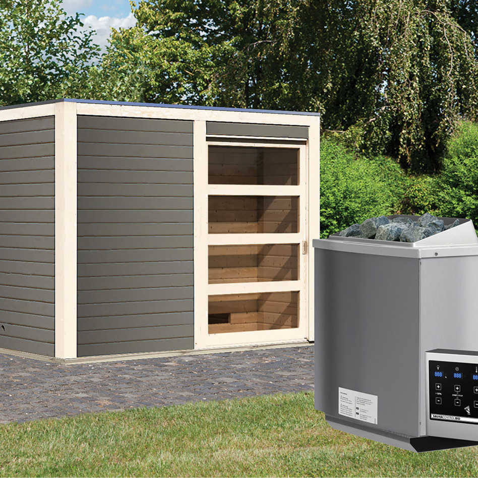 Maison de sauna en bois Karibu Cuben gris terre, 9 kW cmd ext. Easy Bio